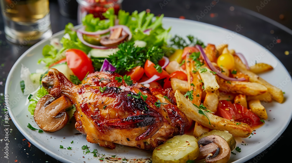 On a plate on the table there is a delicious fried chicken leg with vegetables and mushrooms. On a plate on the table there is a delicious fried chicken leg with vegetables and mushrooms.