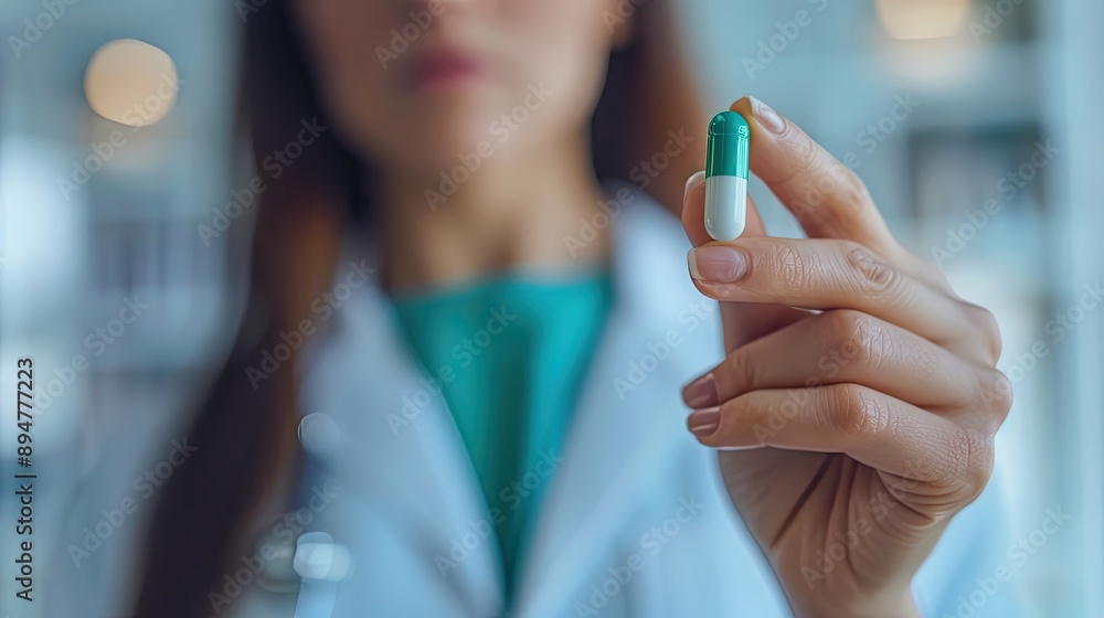 A woman doctor holding up a green white pill. close up of a hand and pills. Take all medications as prescribed. Health care A woman doctor holding up a green white pill. close up of a hand and pills. Take all medications as prescribed. Health care