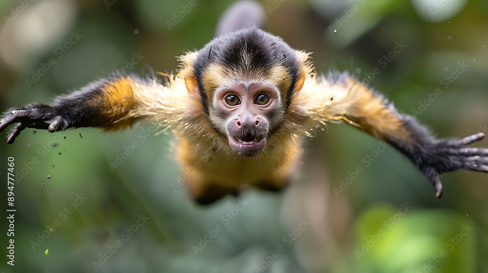 Fototapeta premium Playful capuchin monkey swinging through trees, 