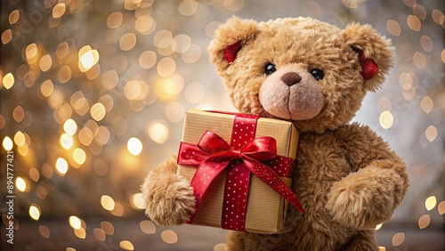 Teddy bear holding a beautifully wrapped Christmas gift, Teddy bear, Christmas, gift, present, holiday, festive, cute, toy