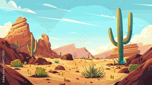 Wild west desert and canyon vector cartoon illustration, copy space