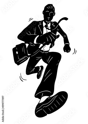 Young businessman in a hurry. Runs at high speed. Stress and being late for work. Humorous picture. Cartoon vector isolated illustration. Black and white silhouette