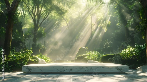 Tranquil forest scene, white marble platform, sunbeams piercing through canopy, lush green foliage, mystical atmosphere, golden hour lighting, warm tones, ethereal glow.