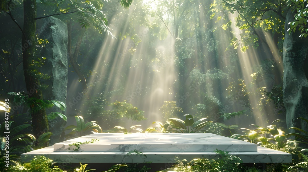 Tranquil forest scene, white marble platform, sunbeams piercing through canopy, lush green foliage, mystical atmosphere, golden hour lighting, warm tones, ethereal glow. Tranquil forest scene, white marble platform, sunbeams piercing through canopy, lush green foliage, mystical atmosphere, golden hour lighting, warm tones, ethereal glow.