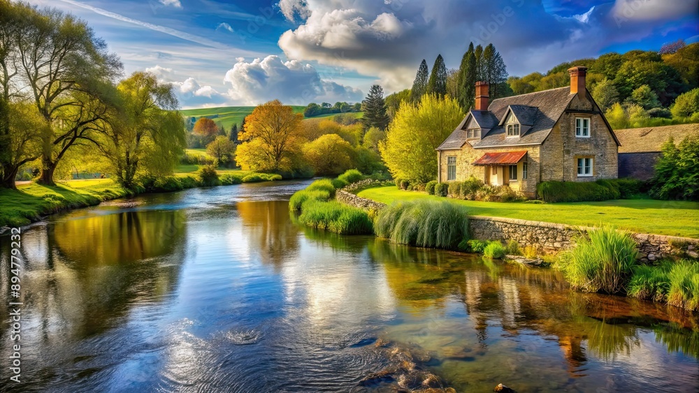 Picturesque landscape featuring a tranquil river flowing past a charming house, scenic, river, house, landscape, serene Picturesque landscape featuring a tranquil river flowing past a charming house, scenic, river, house, landscape, serene