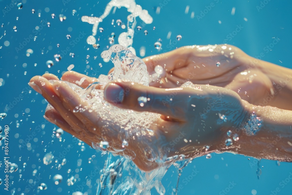 Fototapeta premium Man Washing Hands in Clean Blue Water Background