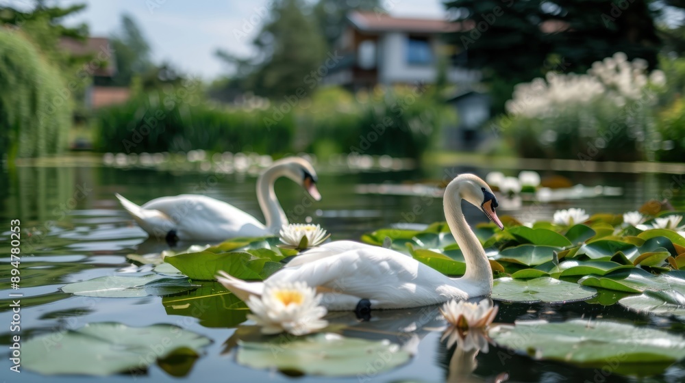 Obraz premium Two beautiful swans gracefully swim in a pond filled with water lilies, with a serene backdrop of lush greenery and well-maintained gardens, creating a tranquil and picturesque scene.