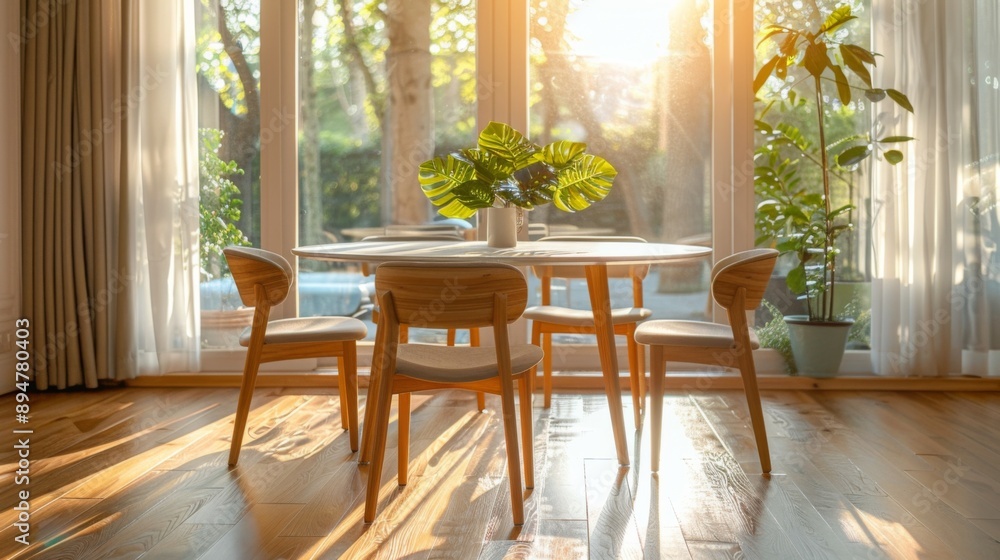 Obraz premium Sunlit Dining Area with Elegant Wooden Furniture