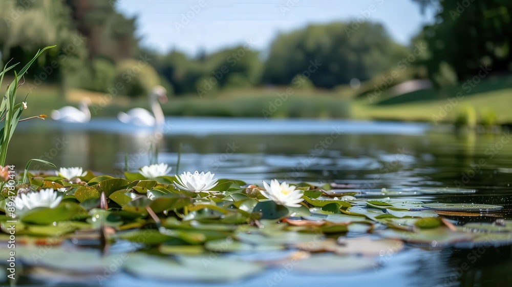 A peaceful lake adorned with lilies where two swans swim gracefully, set against a backdrop of lush trees and undergrowth, evoking a sense of serenity and natural beauty. A peaceful lake adorned with lilies where two swans swim gracefully, set against a backdrop of lush trees and undergrowth, evoking a sense of serenity and natural beauty.