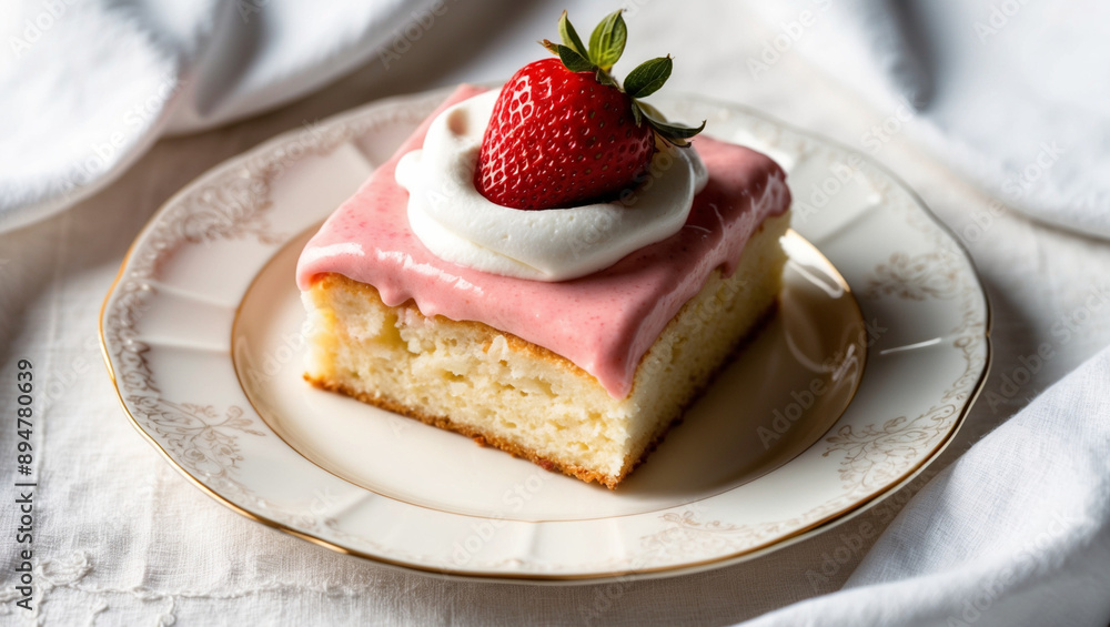 A Slice of Strawberry Short Cake with Whipped Cream Topped with Strawberry on an Ornate Plate A Slice of Strawberry Short Cake with Whipped Cream Topped with Strawberry on an Ornate Plate