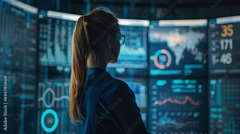 A young an elegant young woman , is watching a wall of computer screens A young an elegant young woman , is watching a wall of computer screens