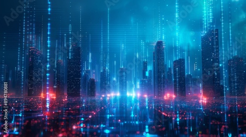 Futuristic Cityscape with Neon Lights and Digital Matrix