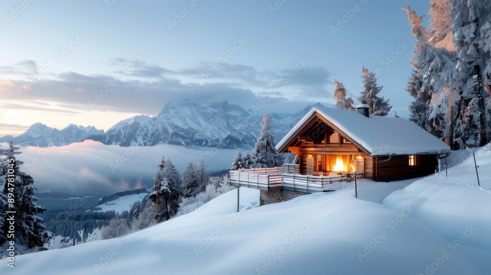 Stunning cabin on a mountain slope enveloped in snow, offering breathtaking views of a winter landscape and capturing the serene essence of a snowy mountain setting. Stunning cabin on a mountain slope enveloped in snow, offering breathtaking views of a winter landscape and capturing the serene essence of a snowy mountain setting.
