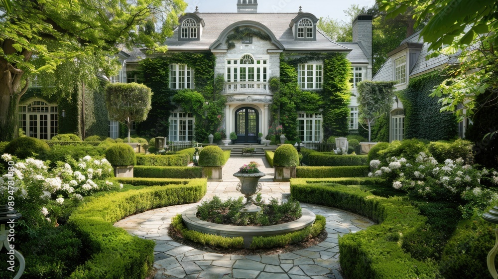 An elegant front yard with a circular driveway and manicured hedges, exuding luxury and sophistication.
