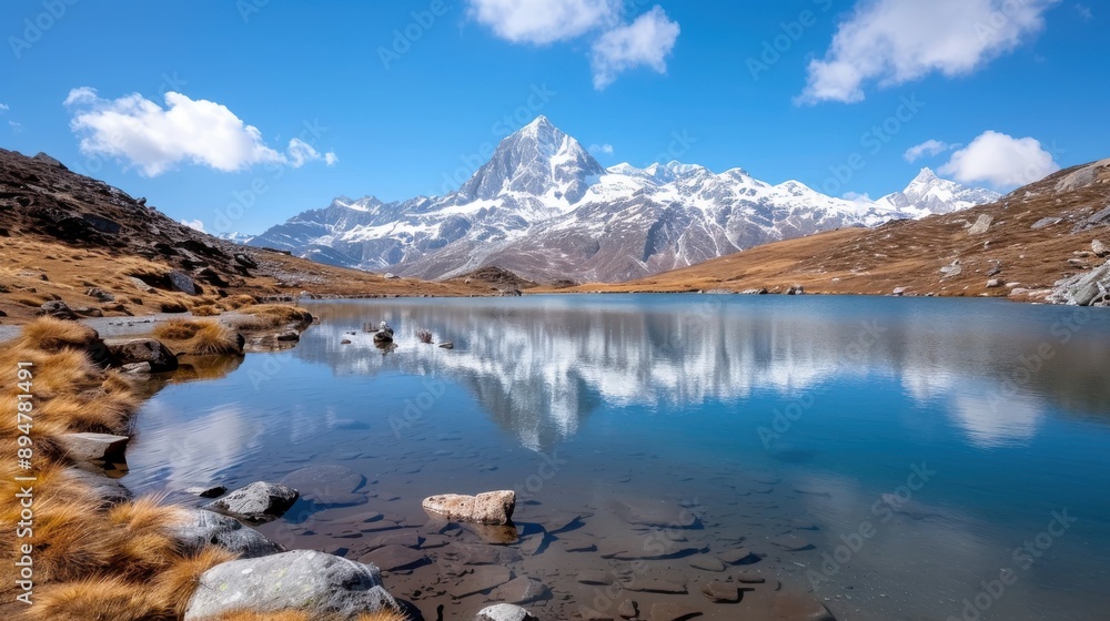 Naklejka premium A peaceful alpine lake provides a breathtaking view of a snow-covered peak reflected in its calm waters, set amid a barren landscape with sparse vegetation and clear skies.