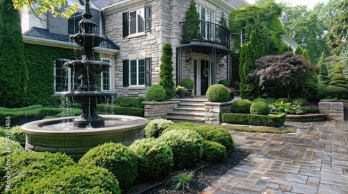 An elegant front yard with a fountain and topiary bushes, showcasing formal landscaping."