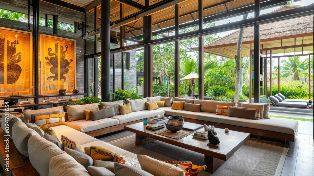 An inviting modern living room with Thai artwork and comfortable sectional sofas, perfect for relaxation. An inviting modern living room with Thai artwork and comfortable sectional sofas, perfect for relaxation.