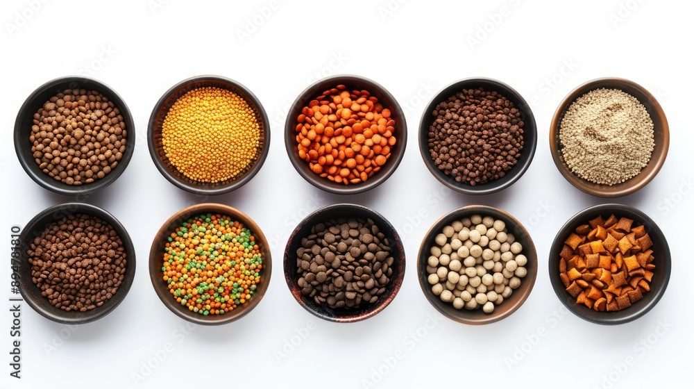 Assorted flavors of cat food in individual containers, shot from above, isolated on white Assorted flavors of cat food in individual containers, shot from above, isolated on white