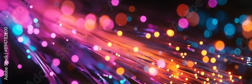 Close-up photo of glowing fiber optic cables with colorful light pulses. Diagonally arranged on dark background for a vibrant pattern © Ilia Nesolenyi