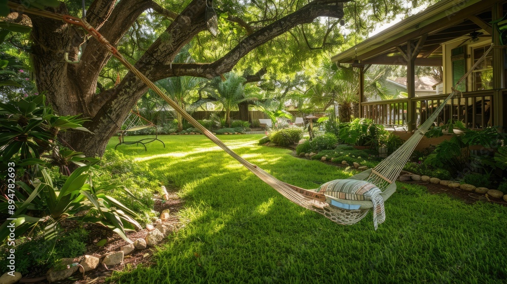 A tranquil front yard with a hammock and shade trees, offering relaxation in a natural setting. A tranquil front yard with a hammock and shade trees, offering relaxation in a natural setting.