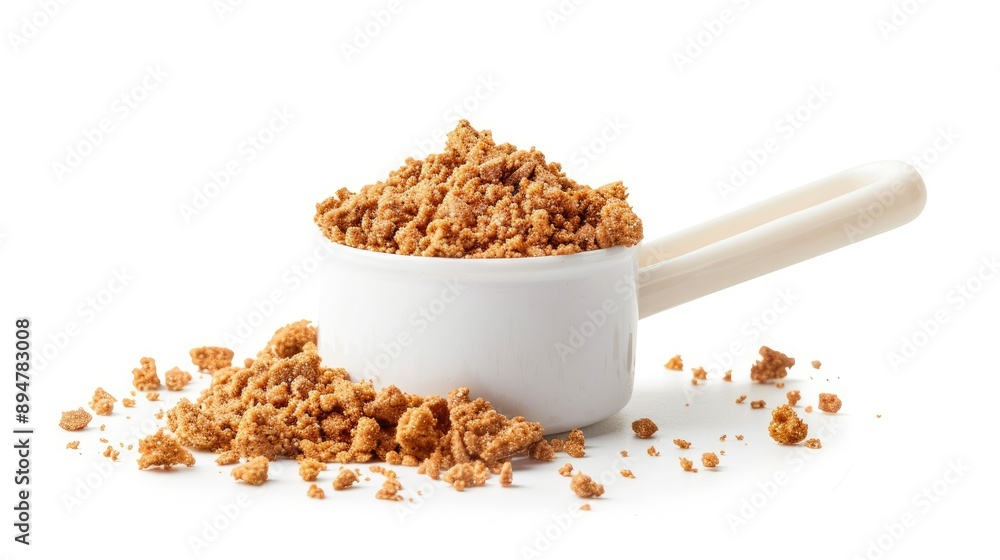 Close-up of high-protein cat food mix in a measuring cup, isolated on white Close-up of high-protein cat food mix in a measuring cup, isolated on white