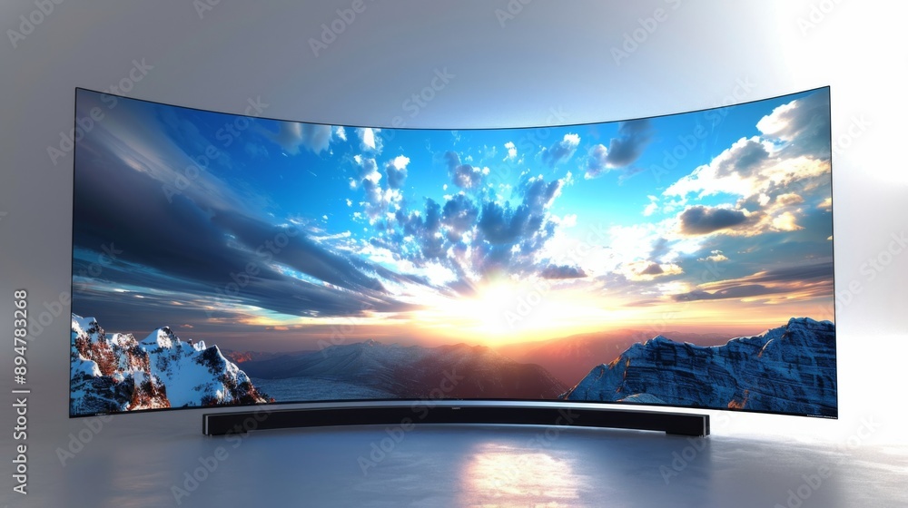 Curved OLED TV Displaying a Scenic Sunrise Curved OLED TV Displaying a Scenic Sunrise