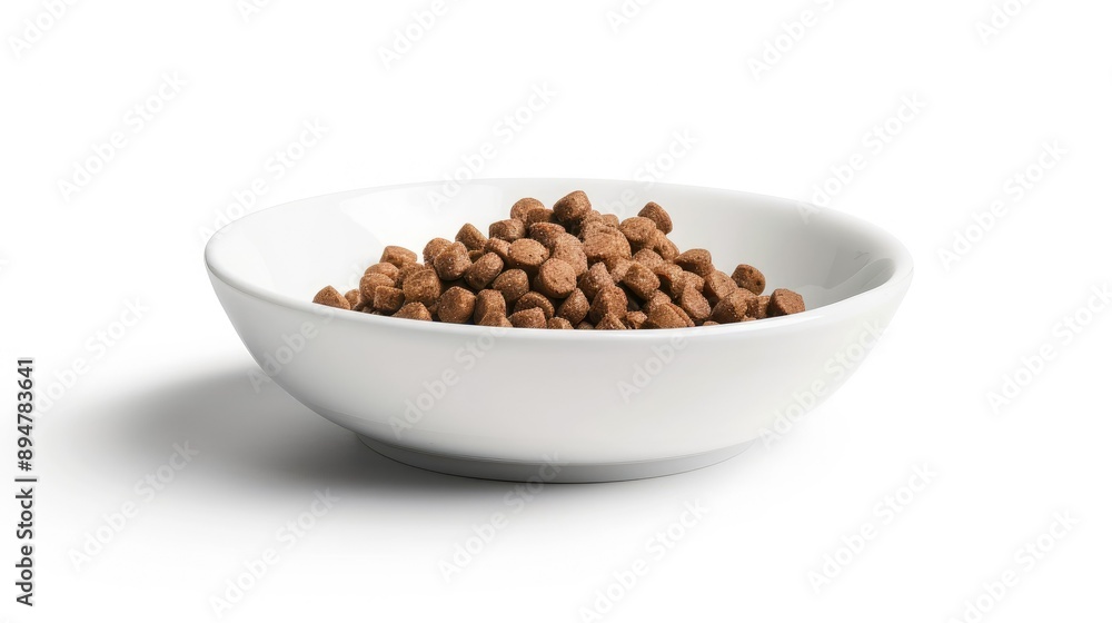 High-quality dry cat food pellets in a white ceramic dish, isolated on a clean white surface High-quality dry cat food pellets in a white ceramic dish, isolated on a clean white surface
