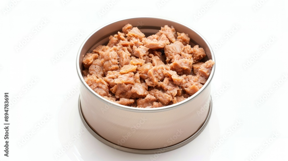 Single serving of wet cat food in a small tin can, isolated on white Single serving of wet cat food in a small tin can, isolated on white