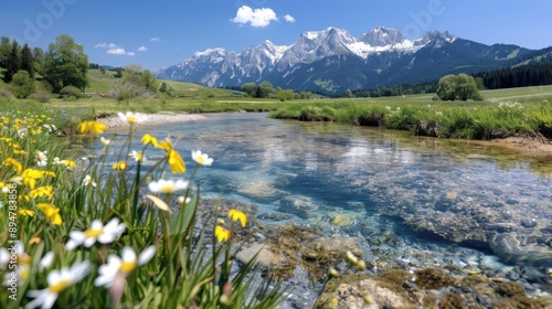 A scenic mountain stream meanders through a basin filled with vibrant yellow and white flowers, nestled against a pristine mountainous background featuring towering peaks.