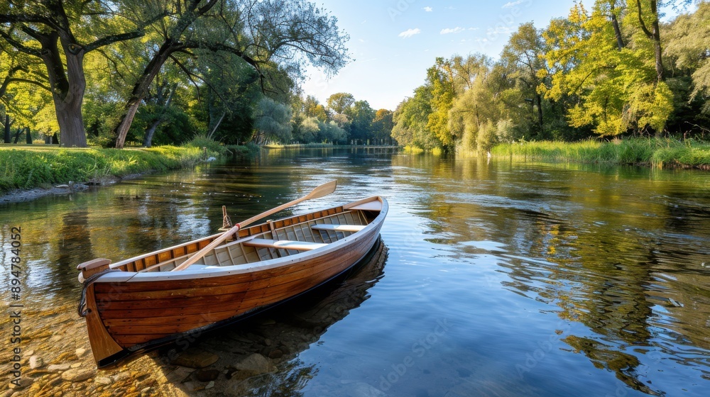 A wooden rowboat rests on the calm waters of a forest river during sunset, surrounded by the serene beauty of towering trees with golden foliage reflecting in the clear water. A wooden rowboat rests on the calm waters of a forest river during sunset, surrounded by the serene beauty of towering trees with golden foliage reflecting in the clear water.