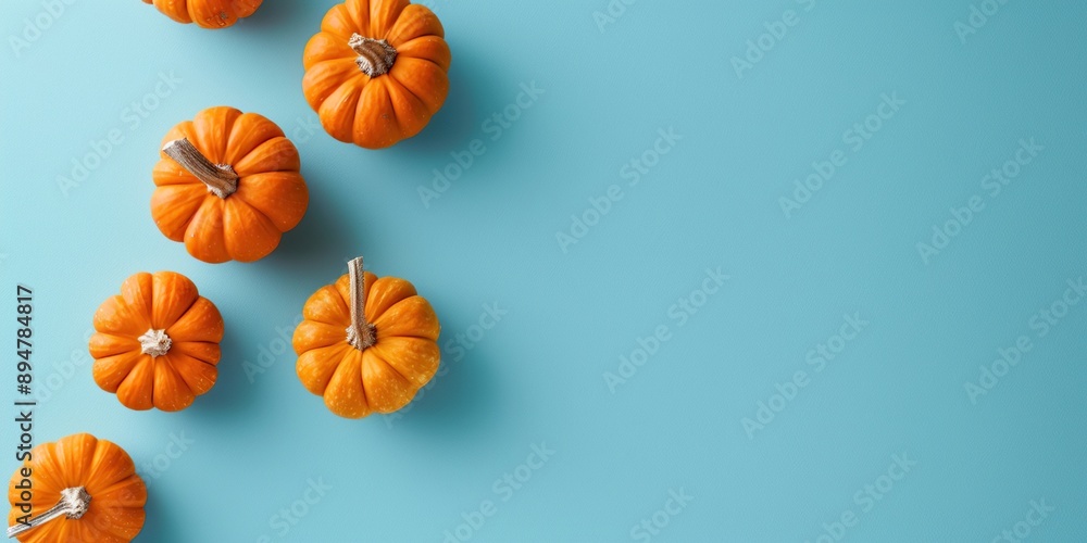 Small pumpkins in vibrant colors on pastel blue background with blank space to add text or logo. Generative Ai Small pumpkins in vibrant colors on pastel blue background with blank space to add text or logo. Generative Ai
