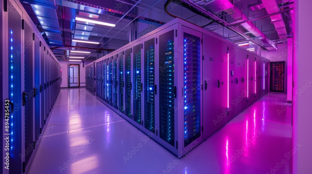 Modern Data Center with Purple and Blue Lighting Modern Data Center with Purple and Blue Lighting