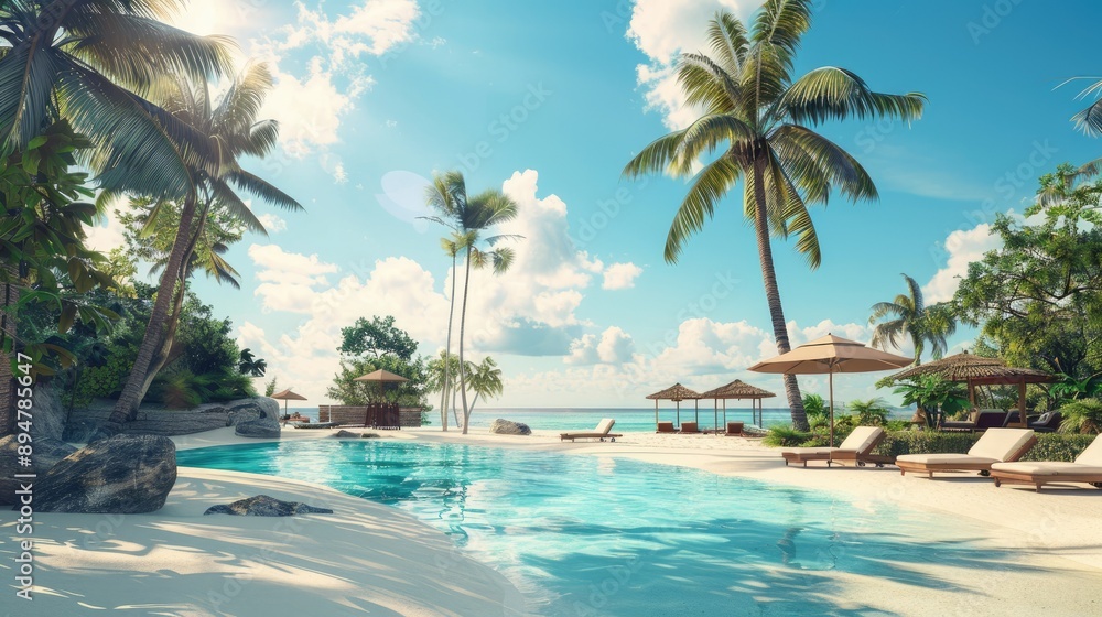 A luxurious beach resort with palm trees, sparkling pools, and beach chairs, ready to welcome guests for a summer getaway. A luxurious beach resort with palm trees, sparkling pools, and beach chairs, ready to welcome guests for a summer getaway.