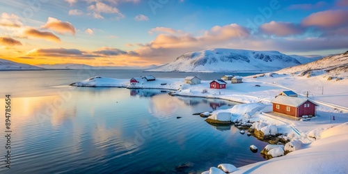 Guba Voronya Barents Sea bay Kola Peninsula winter early morning landscape AI-Created Content photo