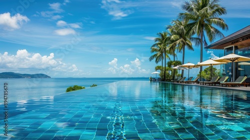 A luxury resort by the sea with infinity pools, beach chairs, and palm trees, set against a backdrop of a clear blue sky and sparkling water.