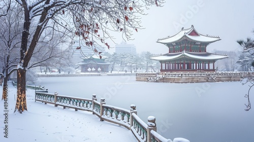 A peaceful winter day at Gyeongbokgung Palace, with snow blanketing the ancient grounds. photo