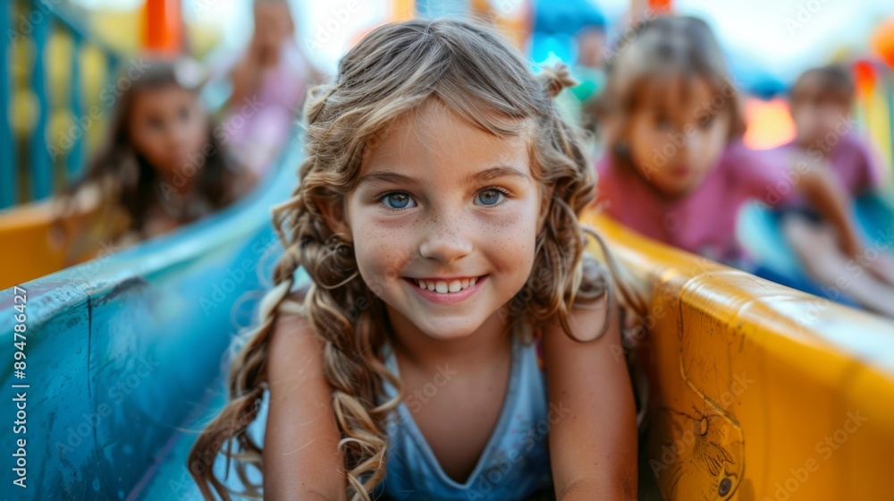 Smiling Child on Slide at Playground Smiling Child on Slide at Playground