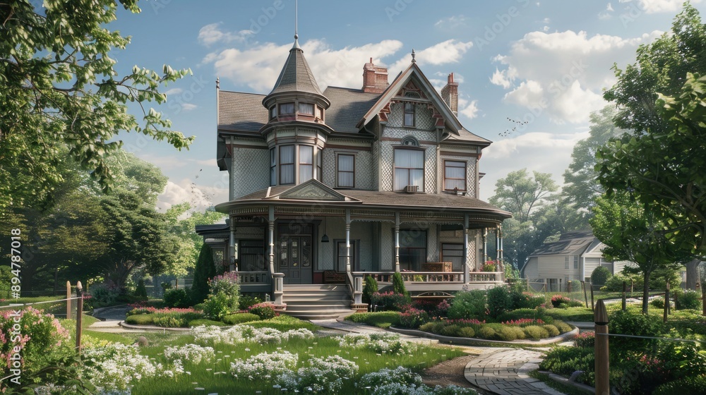 Generate a prompt for a photo realistic image of a Victorian era mansion with ornate trim, turret, and wrap-around veranda. Generate a prompt for a photo realistic image of a Victorian era mansion with ornate trim, turret, and wrap-around veranda.