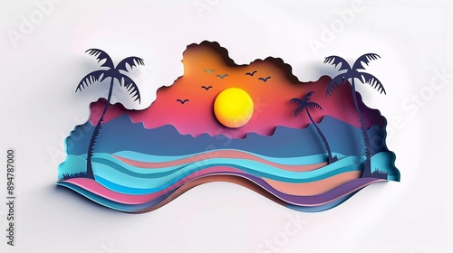 pappercut illustration design of wavy beach and beautiful sunset with soft pastel color photo