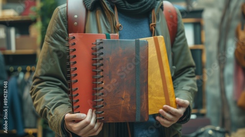 Man Holding Colorful Journals