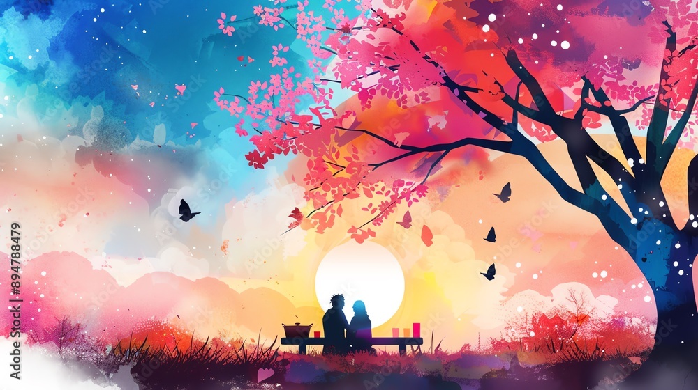 Valentines Day, romantic picnic, scenic park, watercolor style Valentines Day, romantic picnic, scenic park, watercolor style