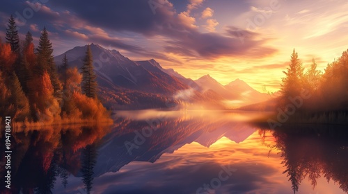 A stunning landscape photograph of mountains and forests with a lake in the middle, reflecting the sky at sunset. Generated AI