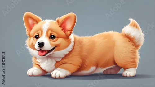 Easy to Draw, hilarious, charming, fluffy cartoon of an orange corgi puppy with dotted eyes and a red tongue protruding from its lips in a playful standing position. Beautiful, endearing animal compan photo