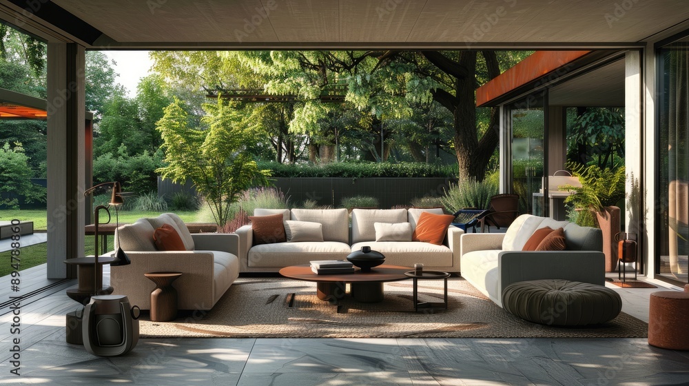 Fototapeta premium Cozy outdoor living room setup with modern furniture, offering a relaxing view of nature and perfect for rest and relaxation