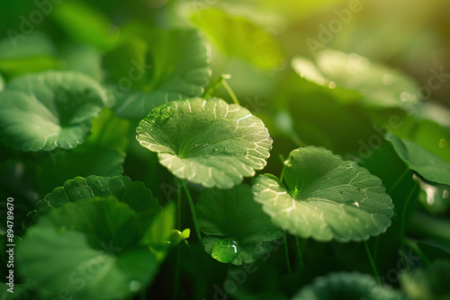 Background with green Centella Asiatica leaves	 photo