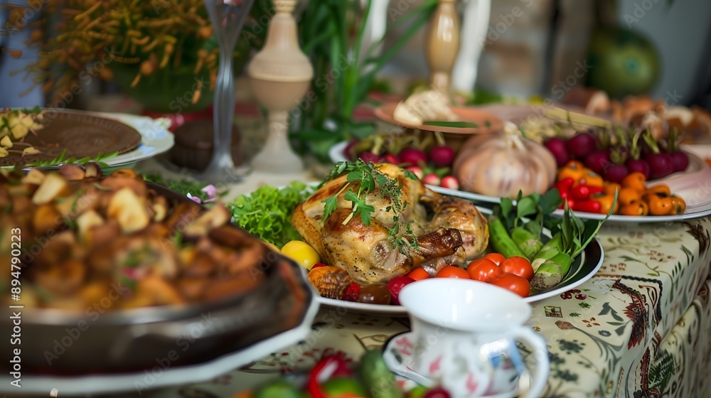 Roasted chicken with vegetables on a festive table. Roasted chicken with vegetables on a festive table.