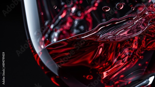 A close-up photograph of a glass of red wine swirling. The rich, deep color and elegant stemware create a luxurious and sophisticated image. Perfect for food and beverage, advertising.