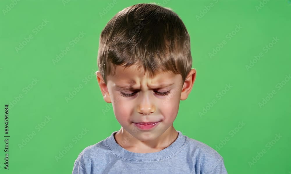 Portrait of a sad little boy on a green background. The child is crying. Portrait of a sad little boy on a green background. The child is crying.