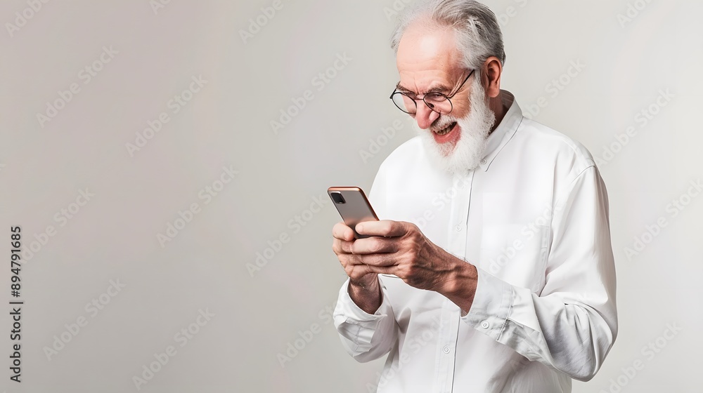 An elderly man with a white beard smiles as he looks at his phone. An elderly man with a white beard smiles as he looks at his phone.