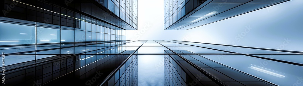 Obraz premium A stunning view of modern buildings reaching towards a bright sky, showcasing sleek architecture and urban sophistication.
